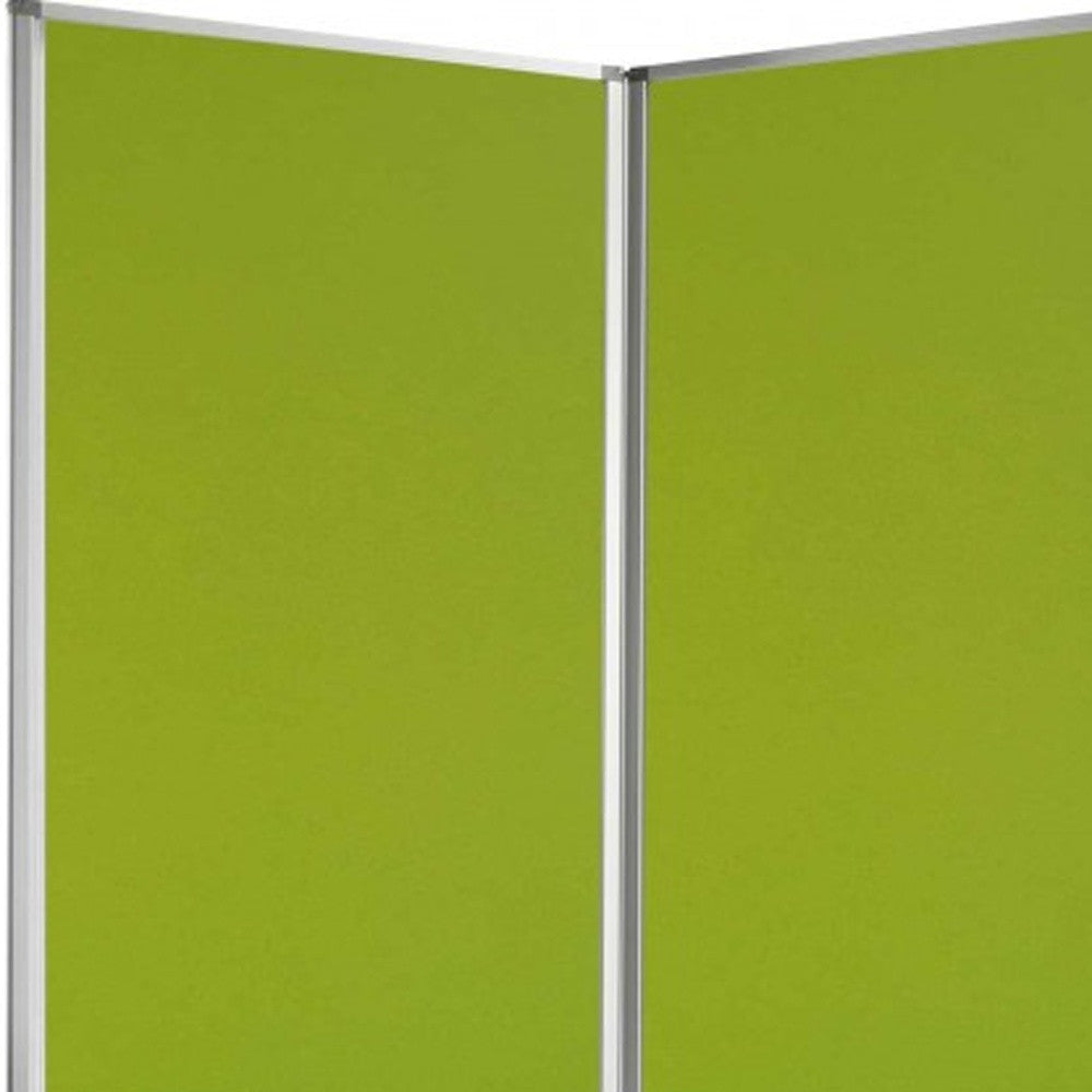 A green metal 9 panel accordion style room divider with wheels, showcasing high-quality fabric finish on both sides.
