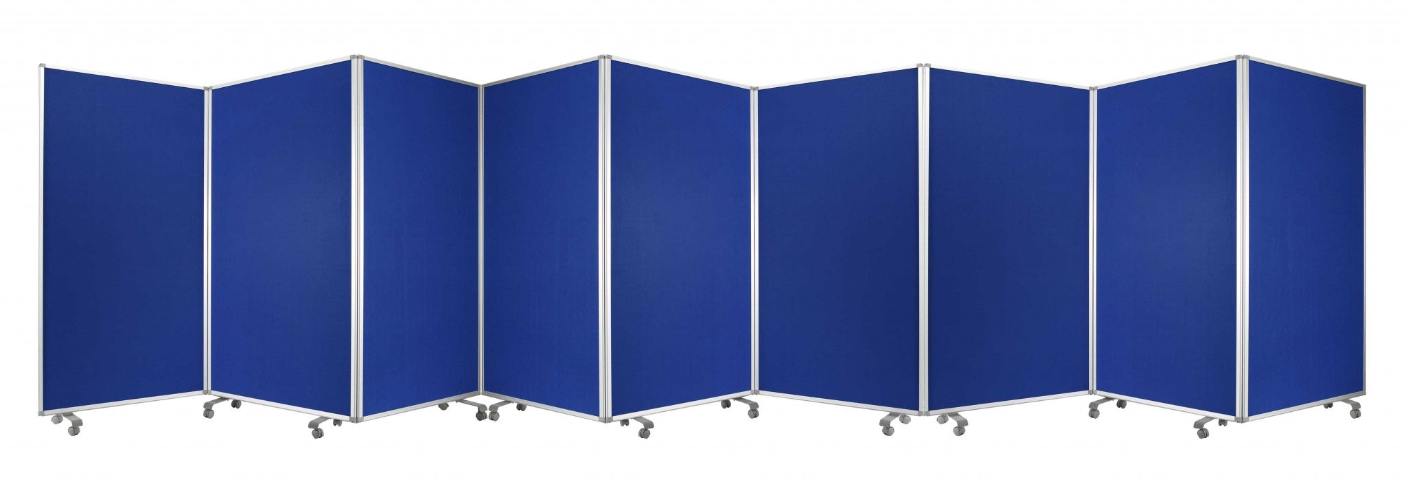 A green metal 9 panel accordion style room divider with wheels, showcasing high-quality fabric finish on both sides.
