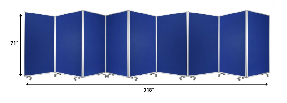 A green metal 9 panel accordion style room divider with wheels, showcasing high-quality fabric finish on both sides.