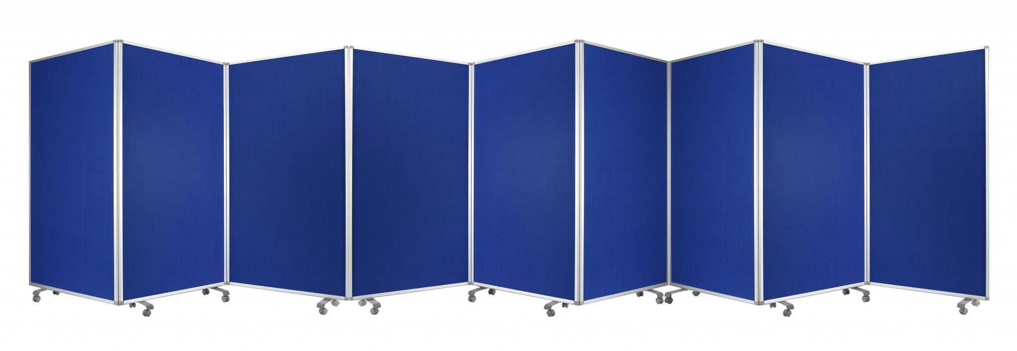 A green metal 9 panel accordion style room divider with wheels, showcasing high-quality fabric finish on both sides.