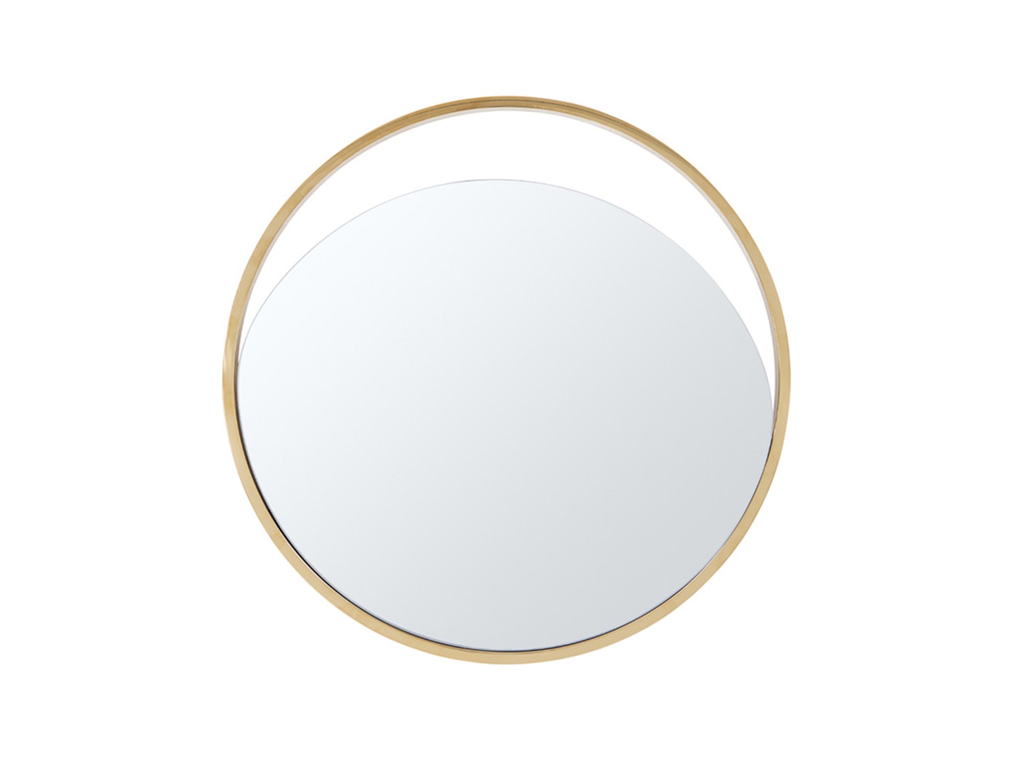A stylish 32-inch round mirror with a black polished gold frame, showcasing a contemporary design suitable for various home decors.
