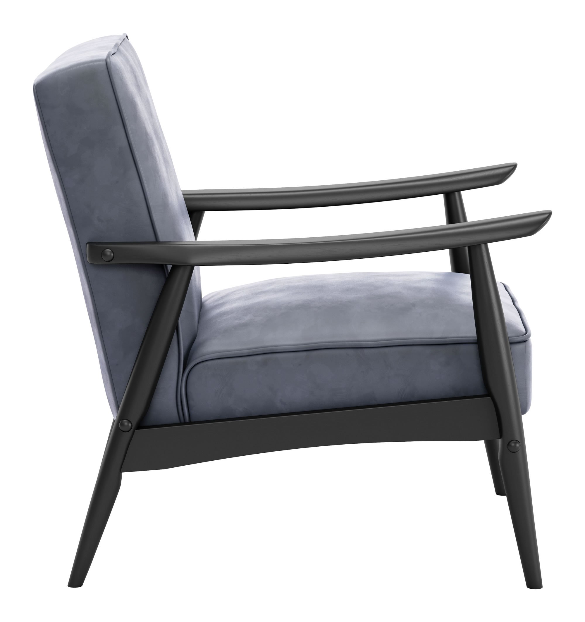 A stylish gray velvet armchair with a rubber wood frame, featuring a cushioned seat and traditional design, perfect for modern living spaces.