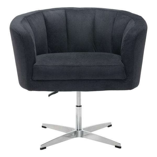 A modern Black Cashmere Occasional Chair featuring channel tufting, a curved back, and a sleek aluminum base, perfect for home or office use.