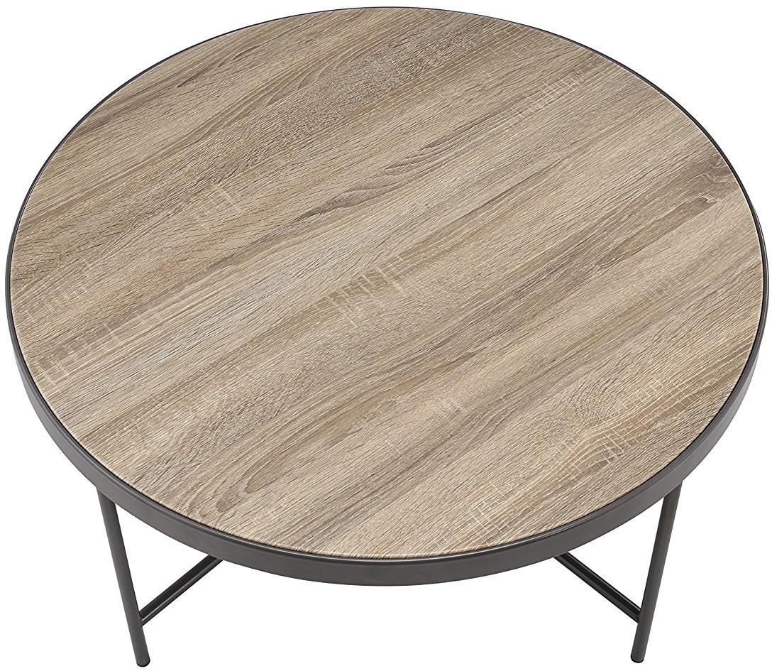 Stylish weathered gray oak coffee table with metal trim and black legs, perfect for contemporary living rooms.