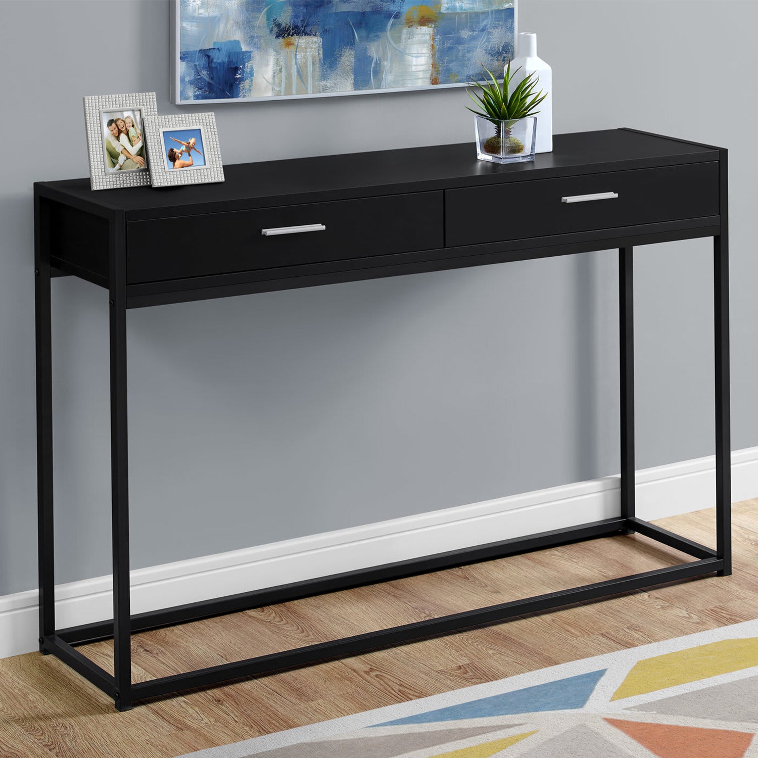 32-inch grey finish accent table with black metal accents, showcasing a stylish and modern design suitable for any room.