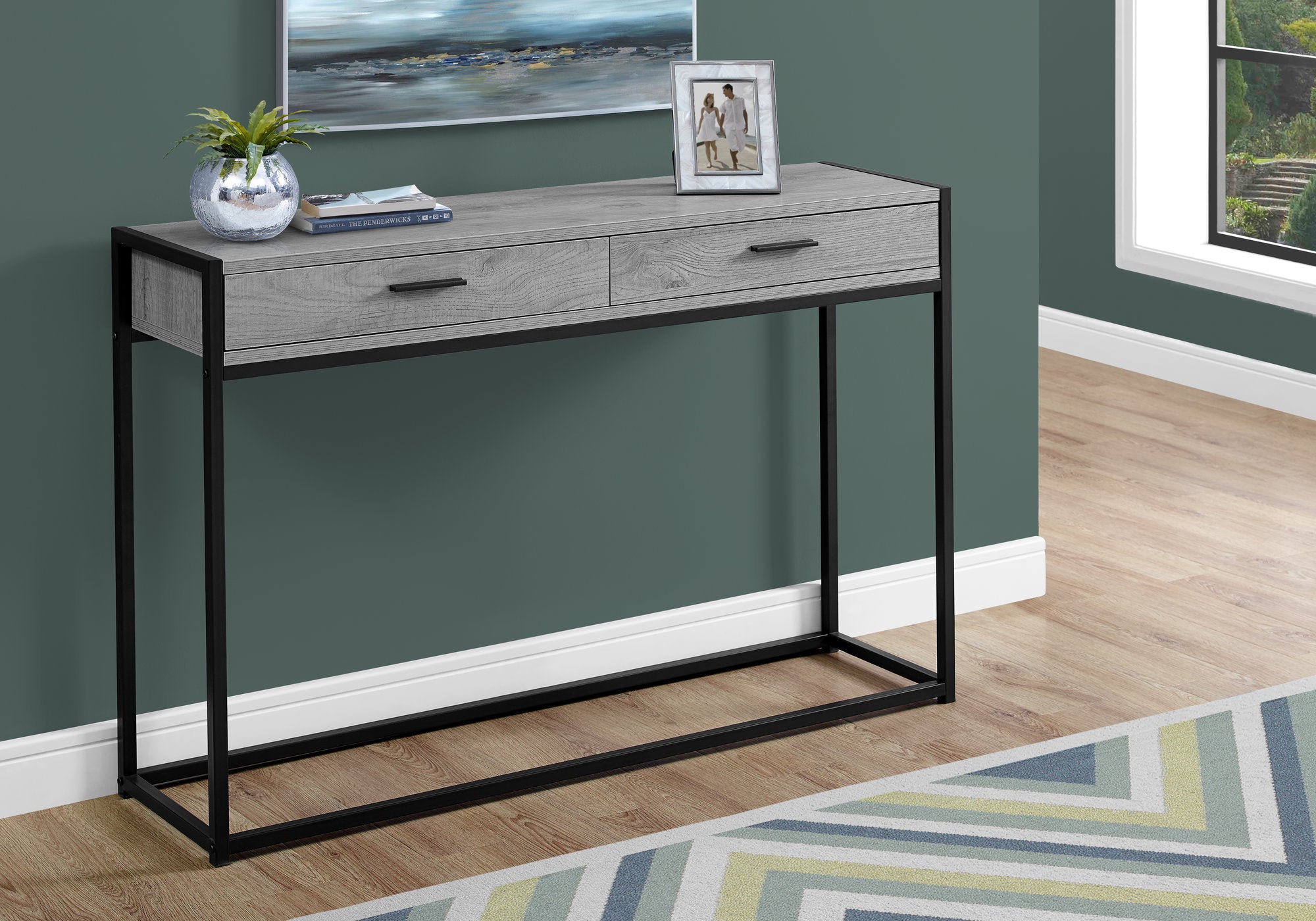 32-inch grey finish accent table with black metal accents, showcasing a stylish and modern design suitable for any room.
