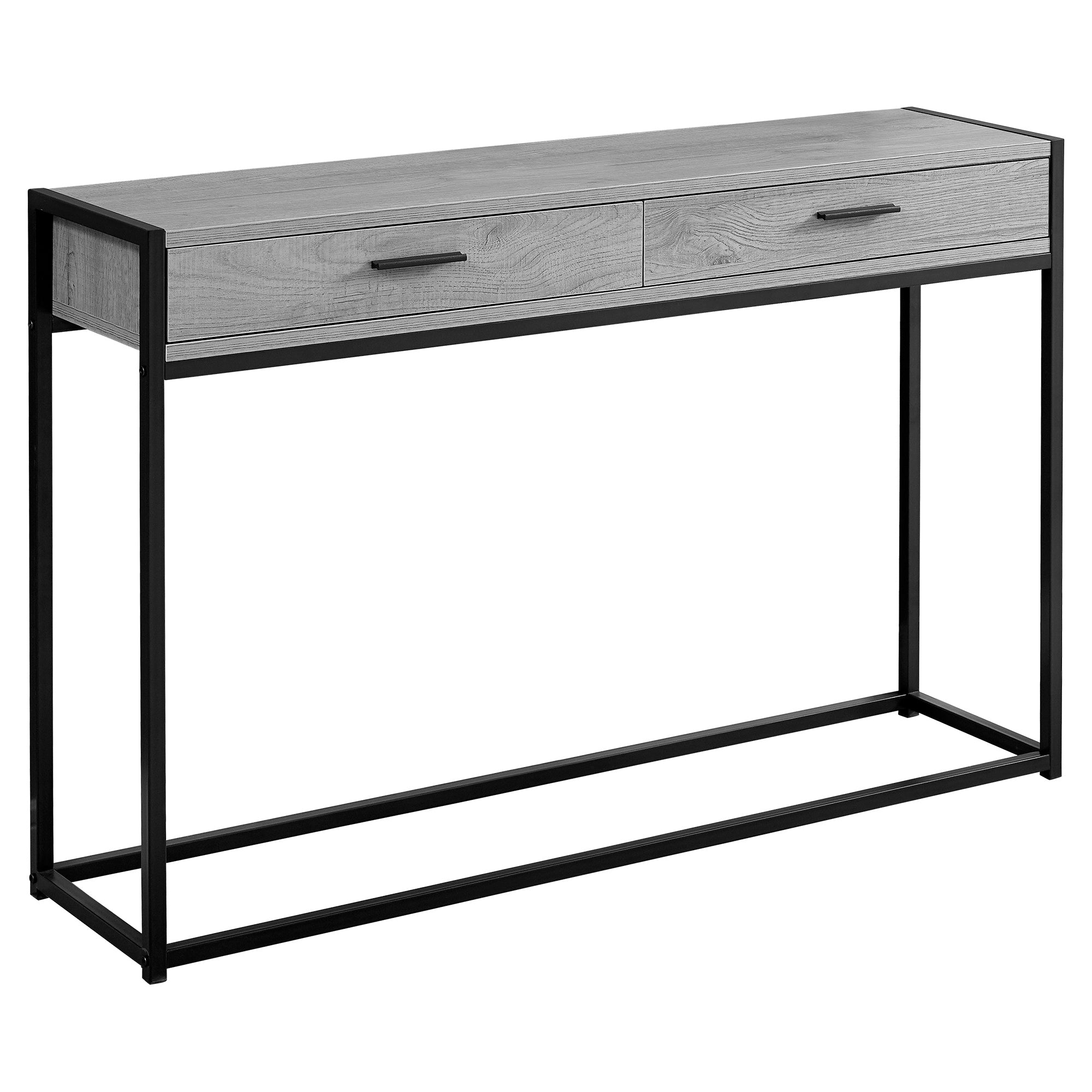 32-inch grey finish accent table with black metal accents, showcasing a stylish and modern design suitable for any room.