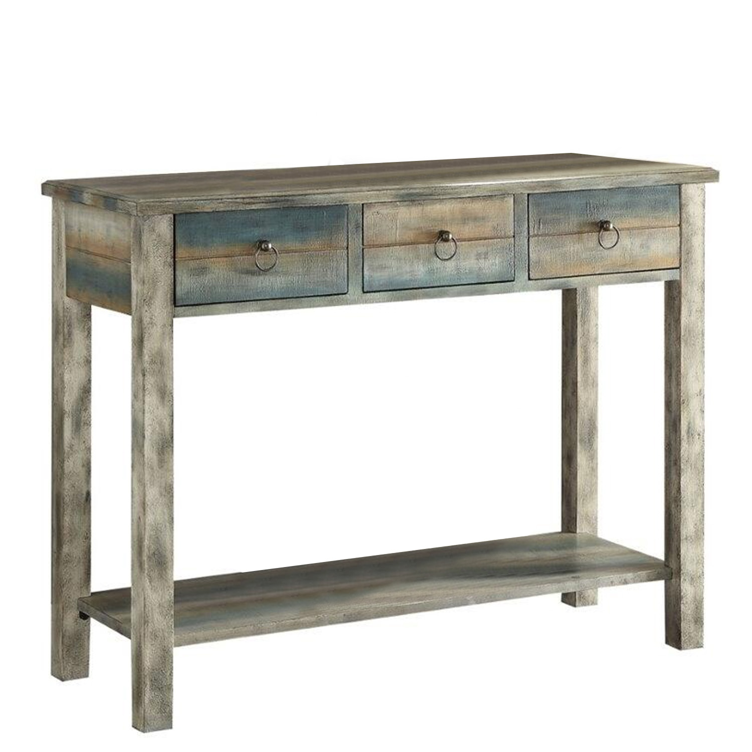 Antique oak and teal wooden console table with two drawers and two doors, showcasing vintage design and sturdy wooden legs.