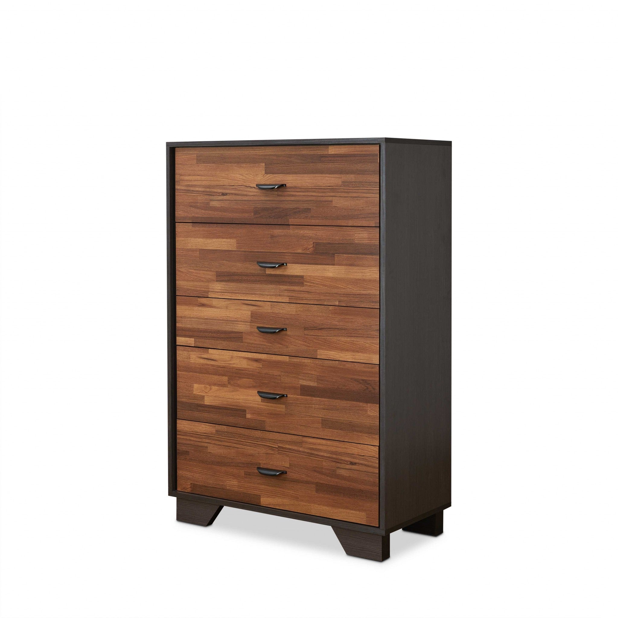 A stylish walnut and espresso particle board chest featuring five drawers and silver handles, perfect for bedroom storage.