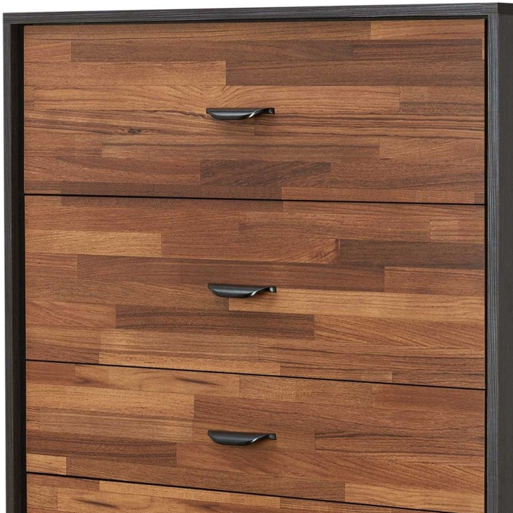 A stylish walnut and espresso particle board chest featuring five drawers and silver handles, perfect for bedroom storage.