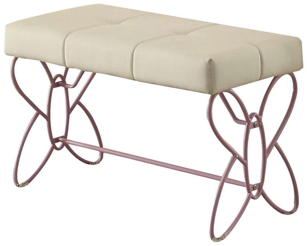 Elegant white and light purple bench with butterfly design, padded seat, and sturdy metal legs, perfect for a princess room.