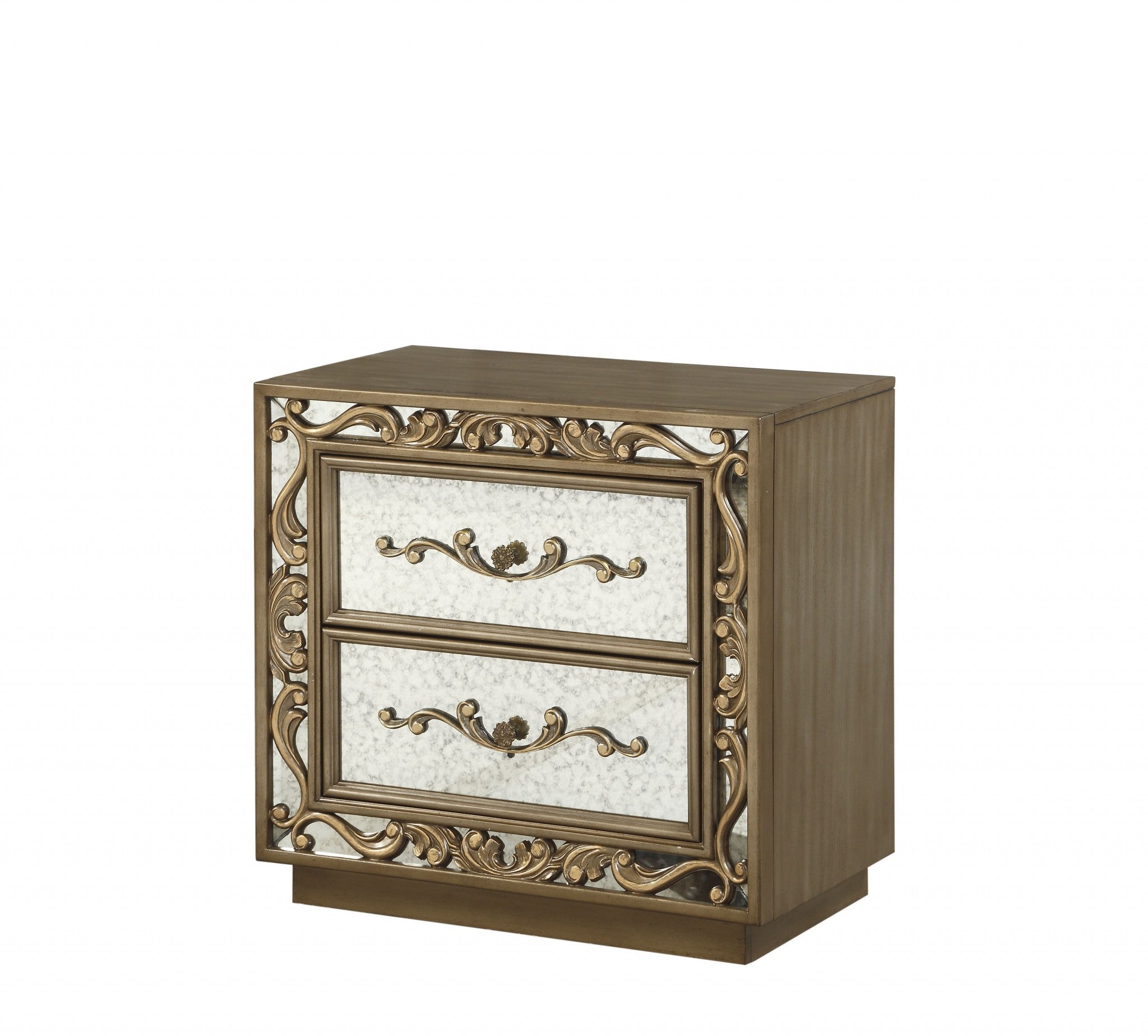 Antique gold mirrored poplar nightstand with floral inlays and two drawers, showcasing elegant design and sturdy construction.