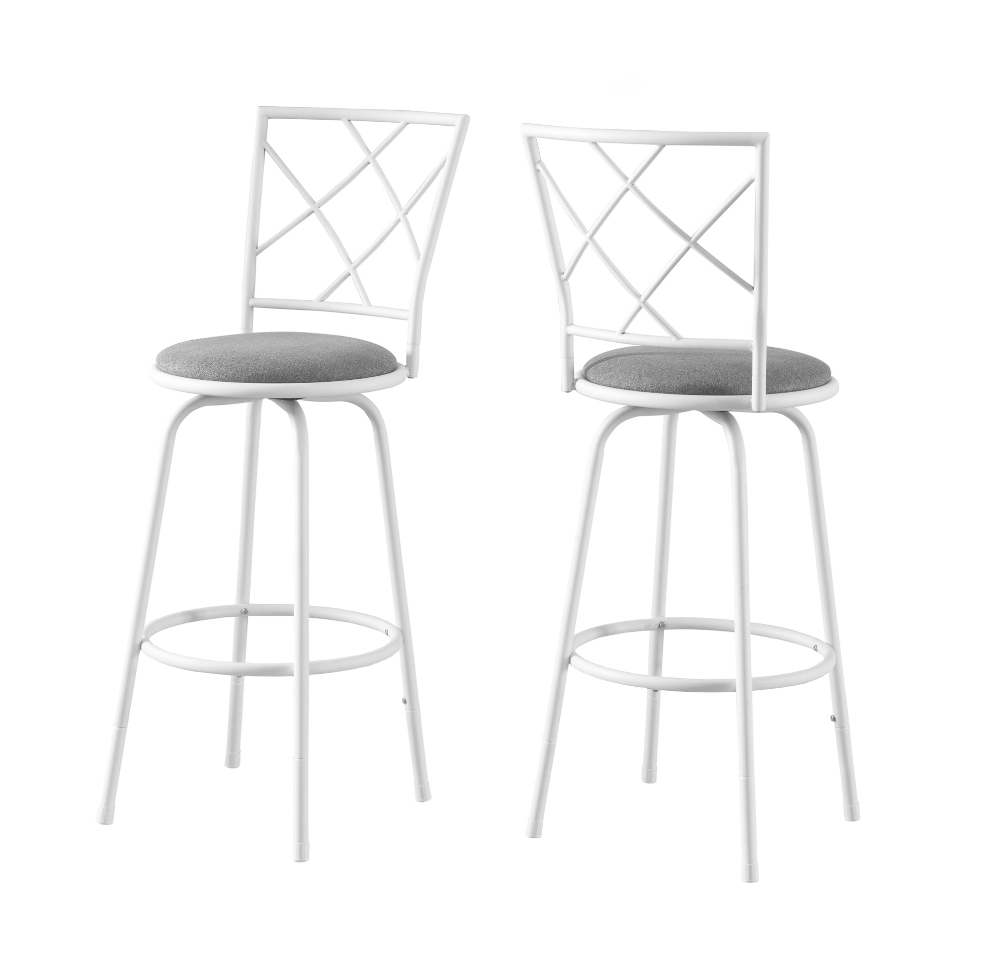 Stylish white and grey barstools with padded seats and criss-cross back design, perfect for kitchen or game room.