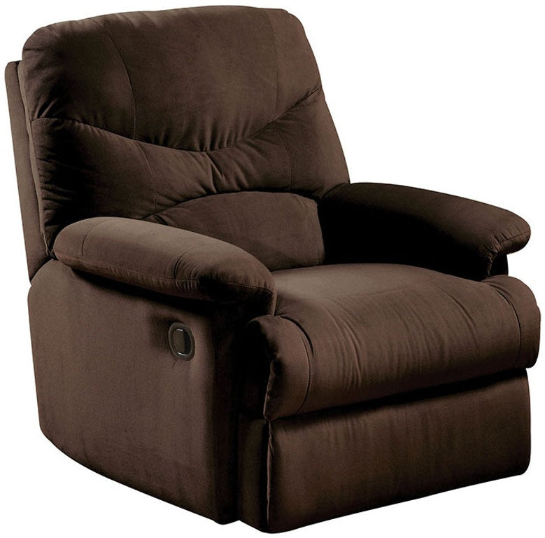Chocolate upholstered motion recliner showcasing smooth microfiber cushion and stylish design, perfect for modern living rooms.