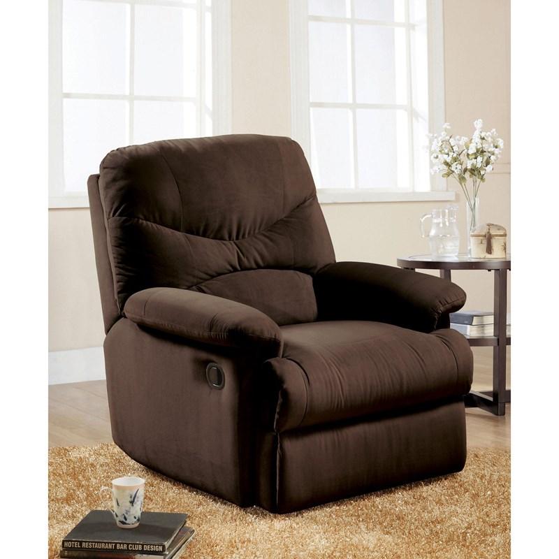 Chocolate upholstered motion recliner showcasing smooth microfiber cushion and stylish design, perfect for modern living rooms.
