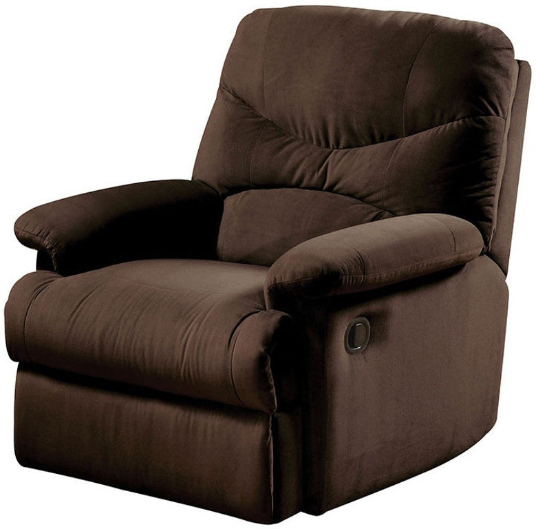 Chocolate upholstered motion recliner showcasing smooth microfiber cushion and stylish design, perfect for modern living rooms.
