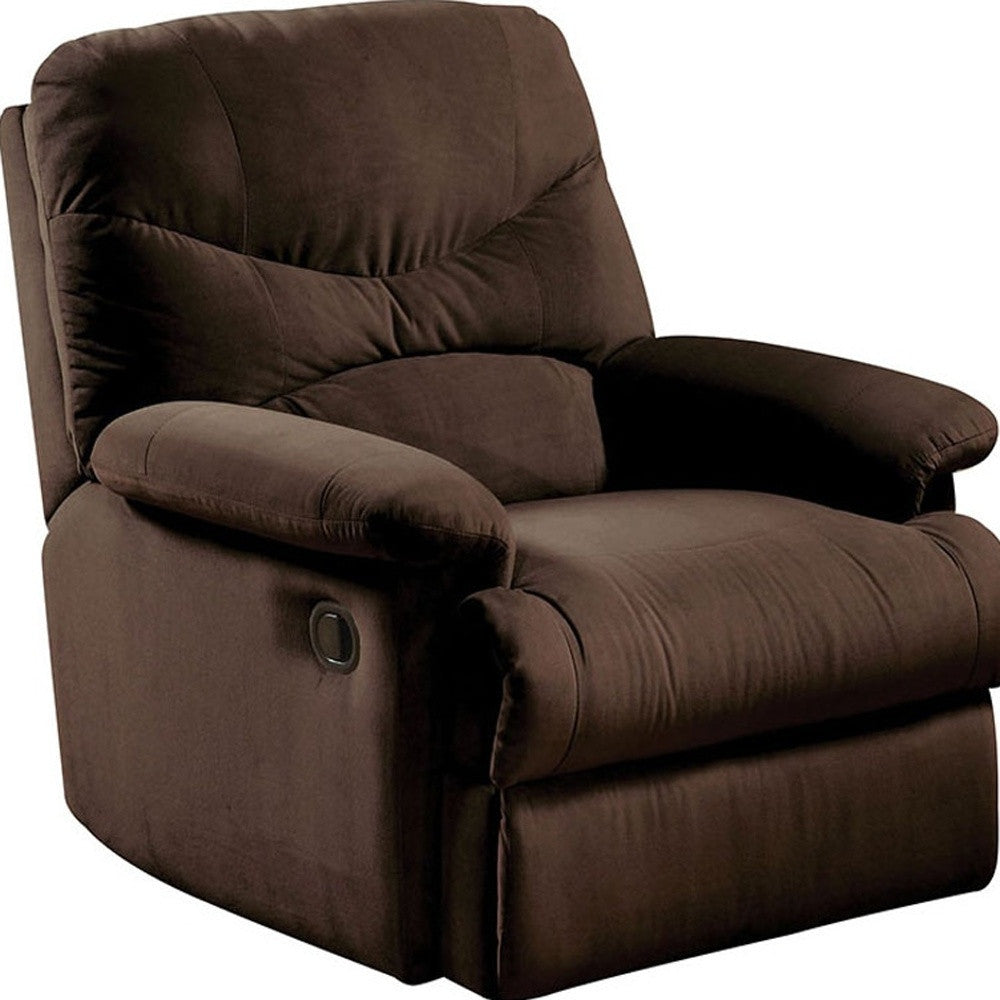 Chocolate upholstered motion recliner showcasing smooth microfiber cushion and stylish design, perfect for modern living rooms.