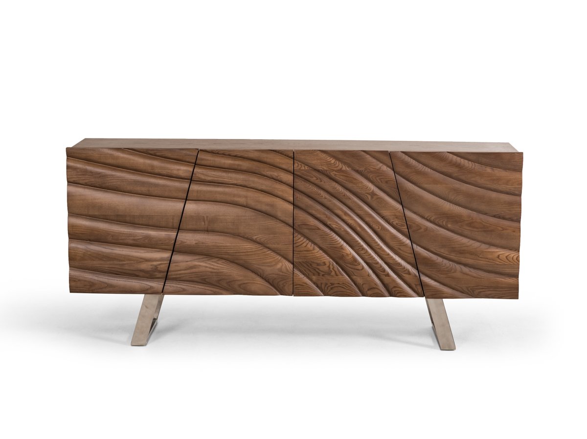 34-inch walnut wood veneer and steel buffet with three drawers and two doors, showcasing a contemporary design.