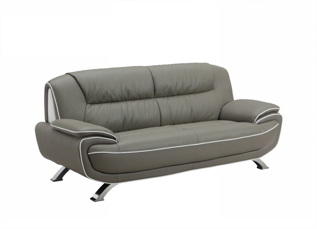 A stylish 35-inch grey leather sofa with a recliner mechanism, showcasing modern design and comfortable upholstery.
