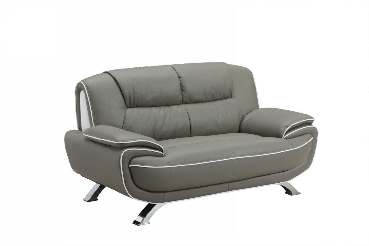 A stylish 35-inch grey leather sofa with a recliner mechanism, showcasing modern design and comfortable upholstery.