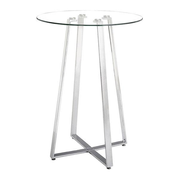 A modern 35.4" brushed aluminum bar table with a clear tempered glass top and chrome steel base, ideal for contemporary settings.