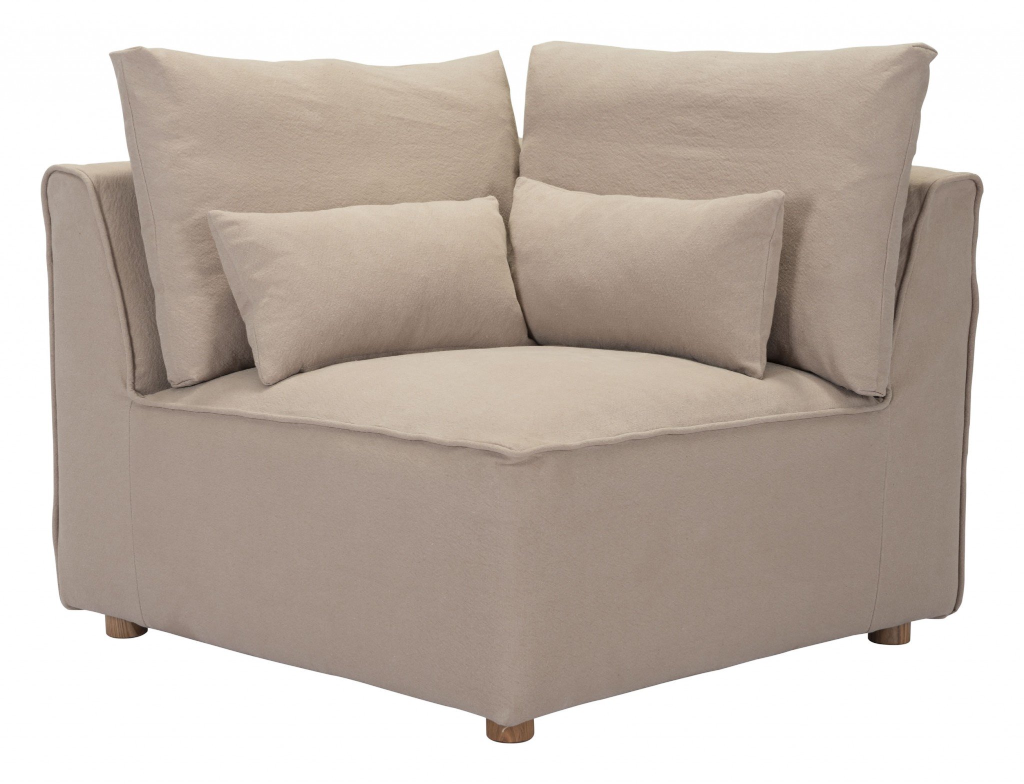A stylish stone gray corner chair made of soft cotton canvas, featuring a low profile and plush pillow back, perfect for modern living spaces.