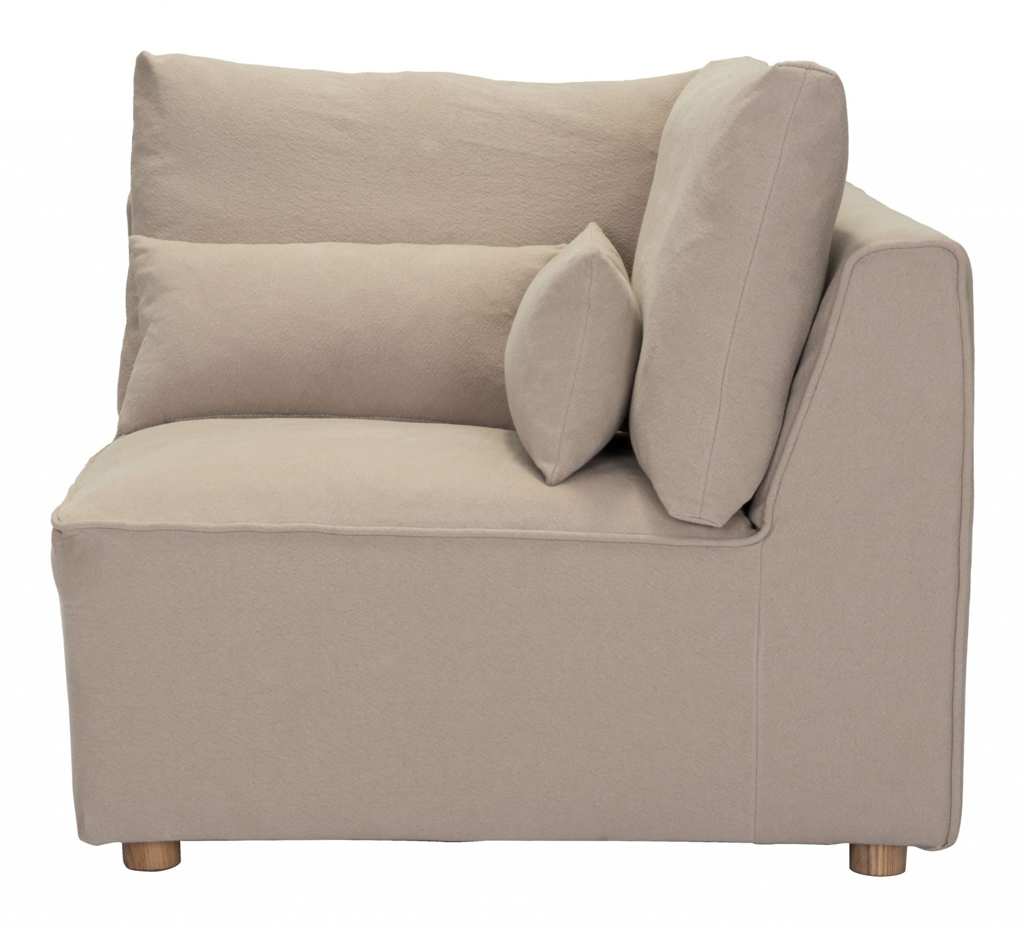 A stylish stone gray corner chair made of soft cotton canvas, featuring a low profile and plush pillow back, perfect for modern living spaces.