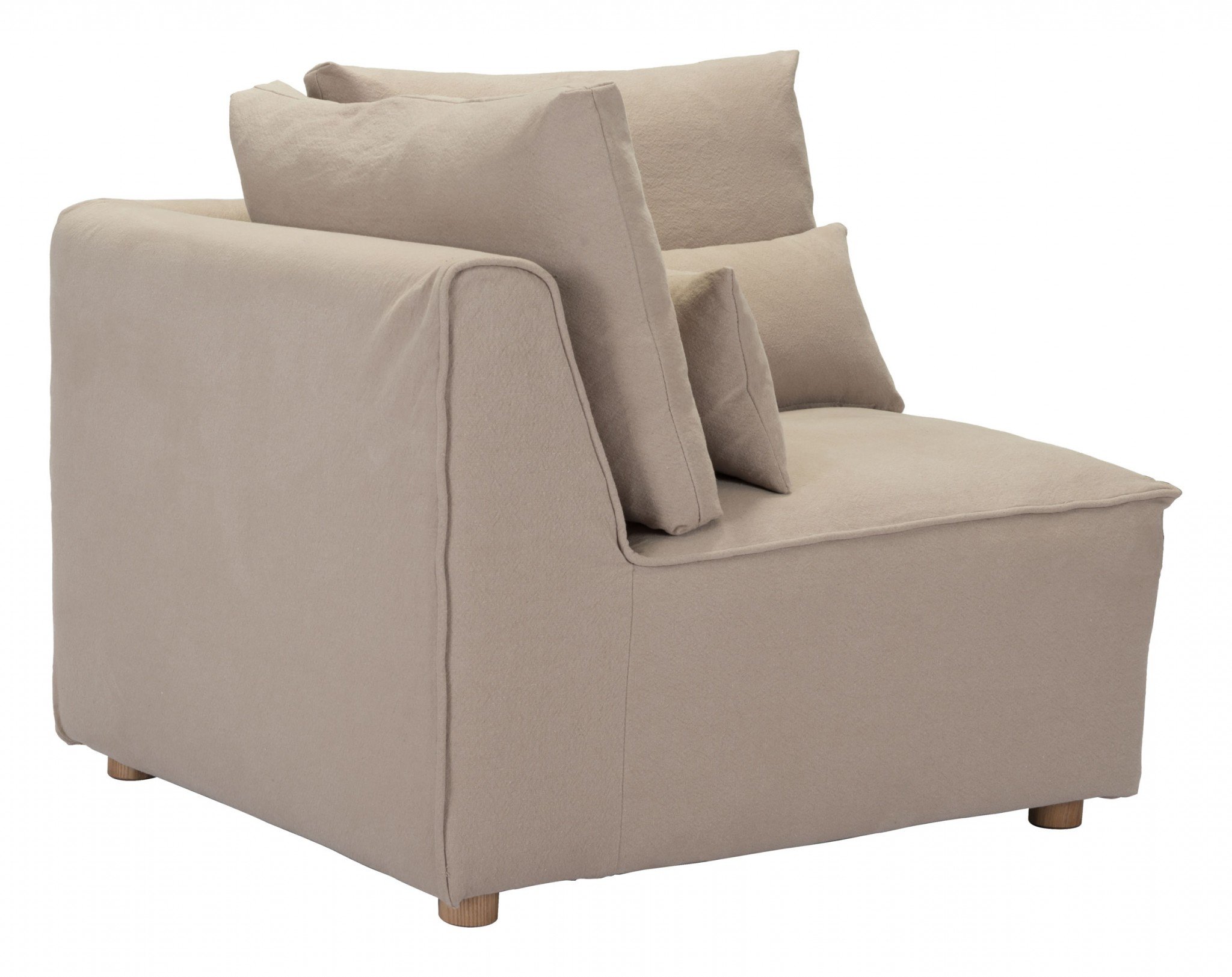 A stylish stone gray corner chair made of soft cotton canvas, featuring a low profile and plush pillow back, perfect for modern living spaces.