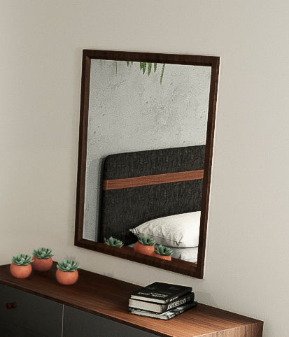 A stylish 35-inch walnut MDF veneer and glass mirror, featuring a modern rectangular design with a classic frame, perfect for home decor.