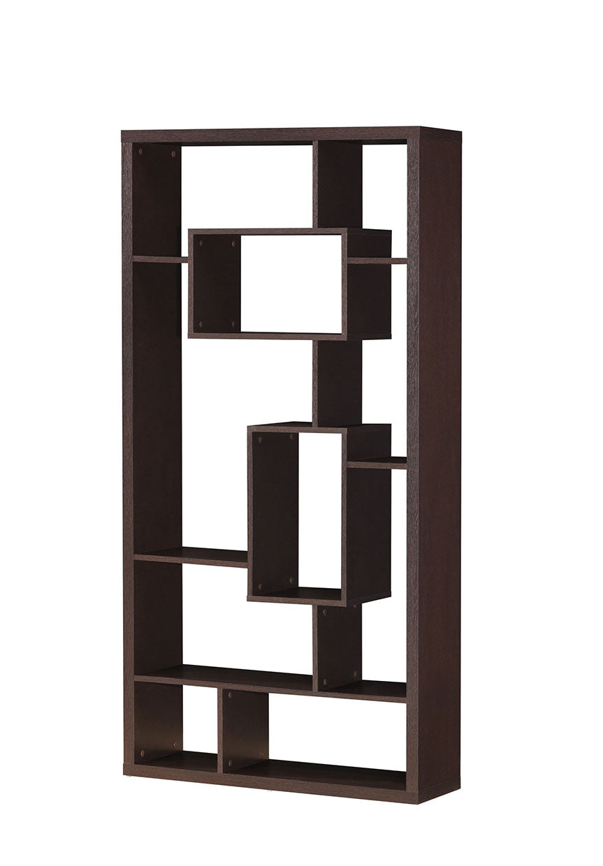 A stylish cappuccino hollow bookcase with multiple contoured shelves, perfect for organizing books and decor in a living room or office.