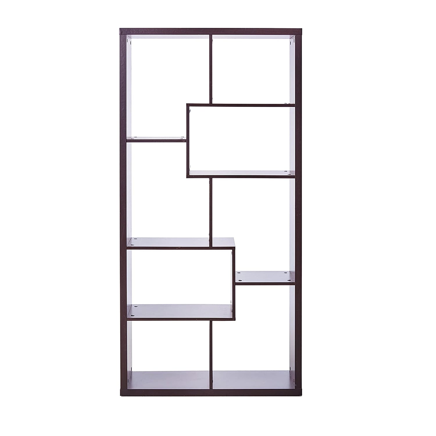 A stylish cappuccino hollow bookcase with multiple contoured shelves, perfect for organizing books and decor in a living room or office.