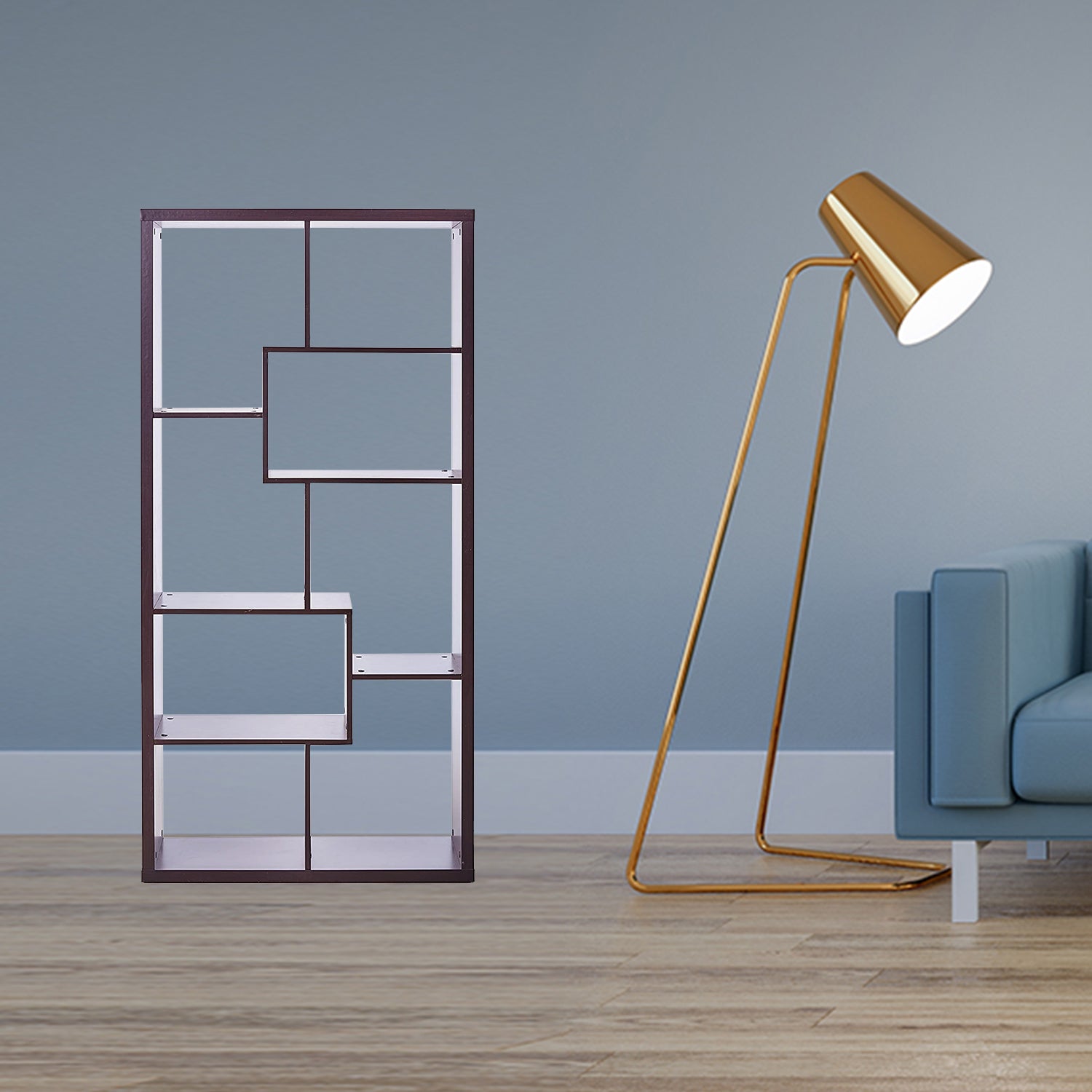 A stylish cappuccino hollow bookcase with multiple contoured shelves, perfect for organizing books and decor in a living room or office.