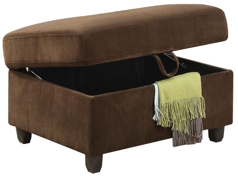 Chocolate velvet ottoman with storage, featuring buttonless tufted seat cushion and elegant design, perfect for living room use.