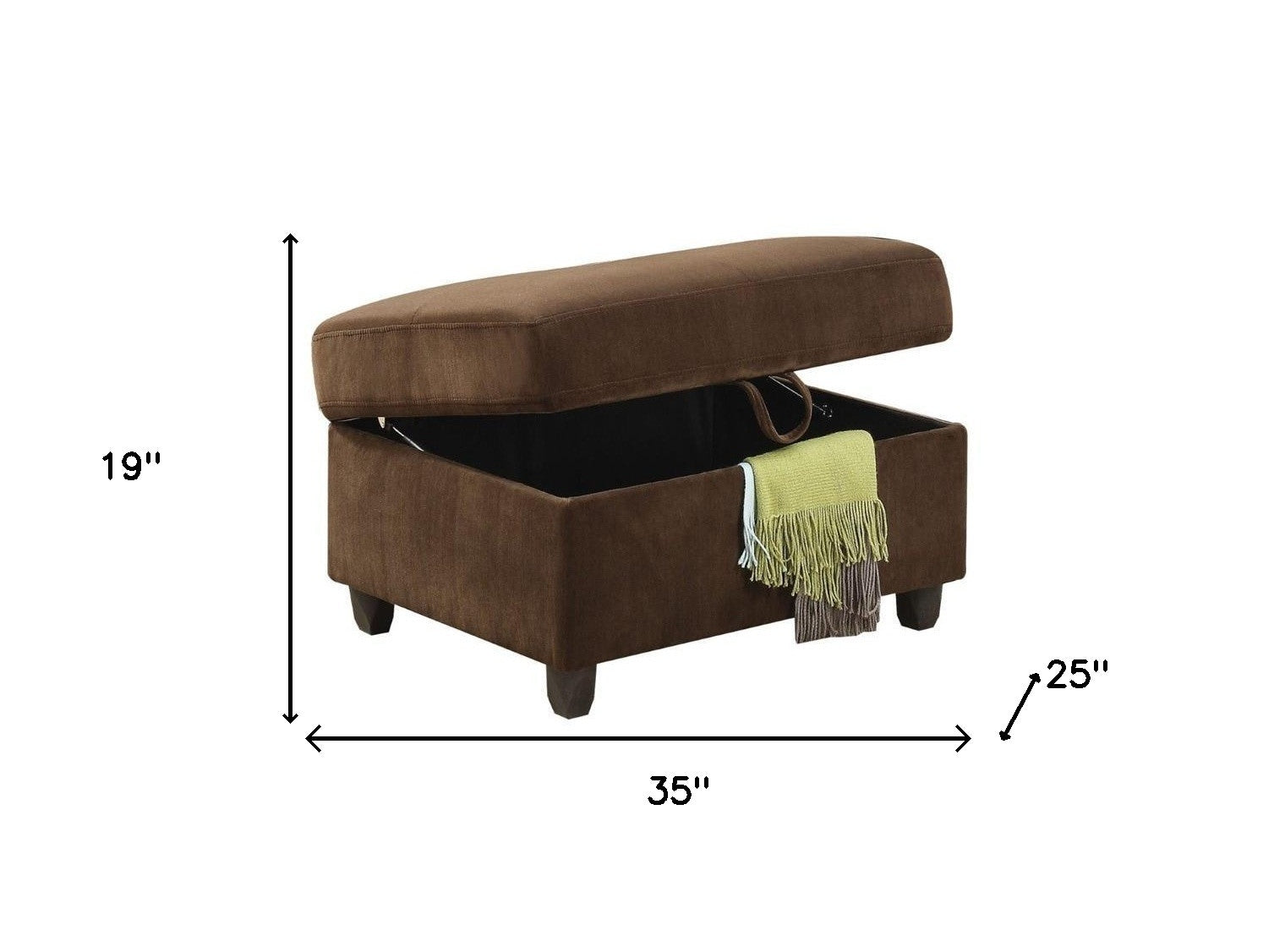 Chocolate velvet ottoman with storage, featuring buttonless tufted seat cushion and elegant design, perfect for living room use.