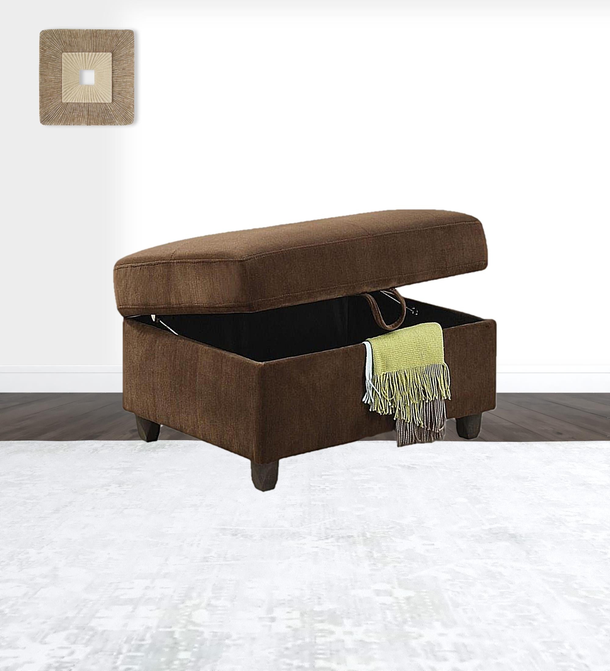 Chocolate velvet ottoman with storage, featuring buttonless tufted seat cushion and elegant design, perfect for living room use.