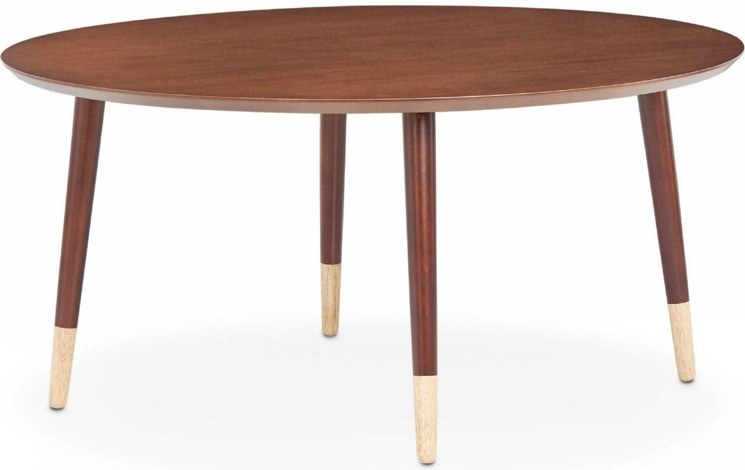 Walnut mid-century modern coffee table with round top and tapered legs, showcasing intricate design and rich wood finish.