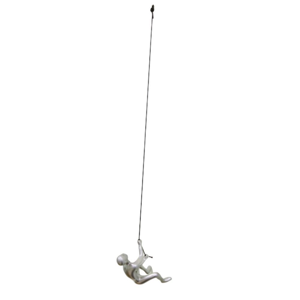 Silver climbing man wall art sculpture, elegantly designed with a twisted rope for hanging, perfect for modern decor.