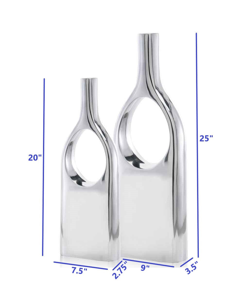 Set of two buffed view thru vases, showcasing a modern design with a shiny aluminum finish, perfect for home decor.