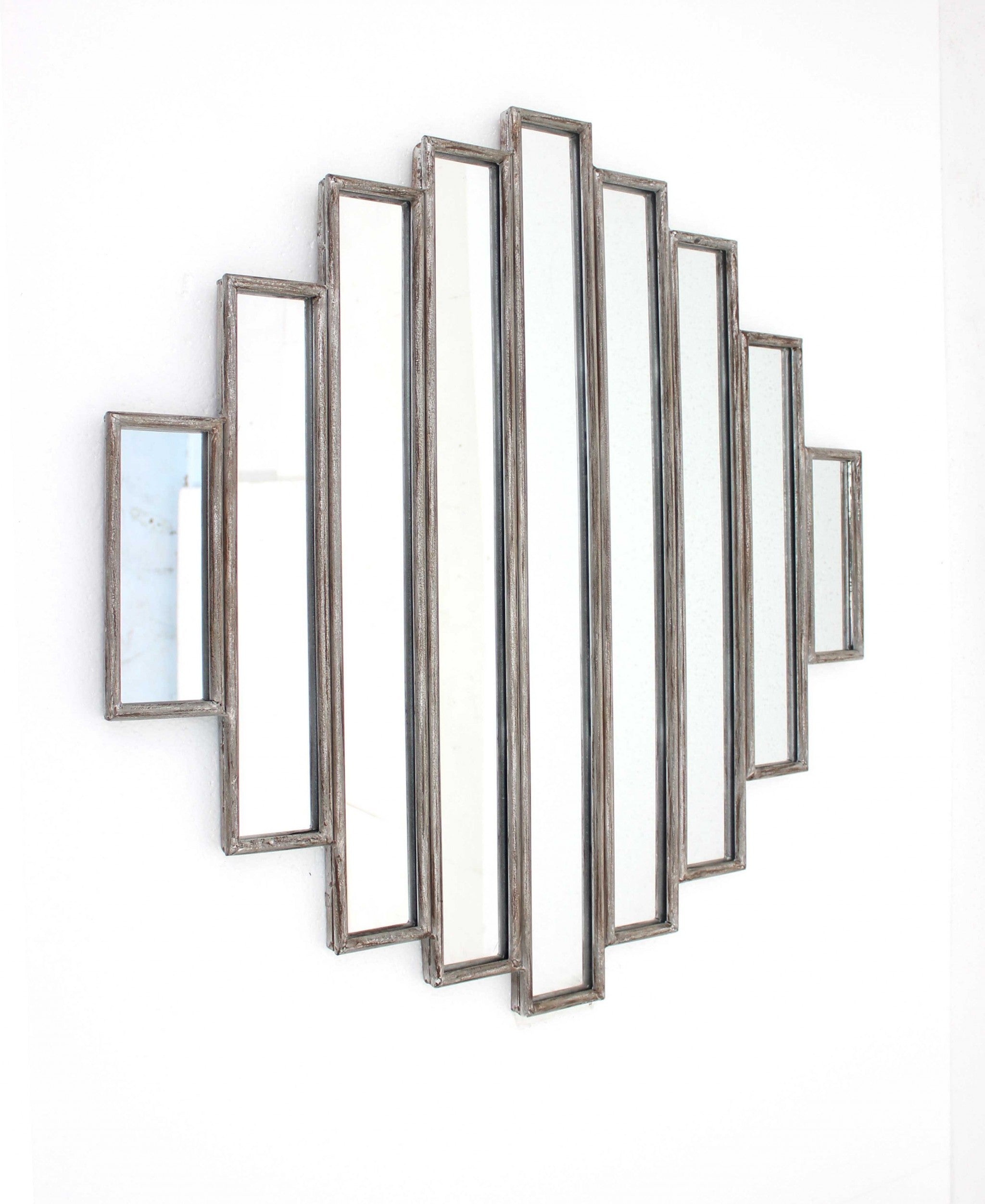 36 x 36 x 2 Silver Rustic Multi Mirrored Wall Sculpture featuring weathered wooden frames and geometric mirror design.