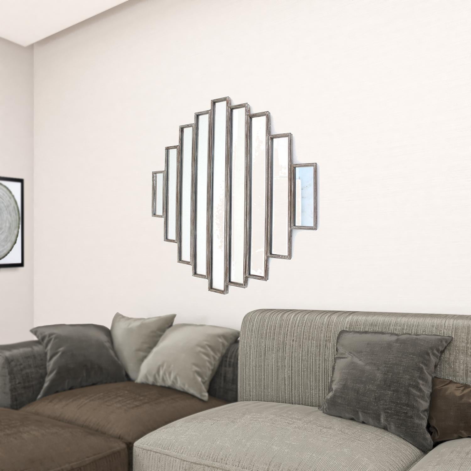 36 x 36 x 2 Silver Rustic Multi Mirrored Wall Sculpture featuring weathered wooden frames and geometric mirror design.