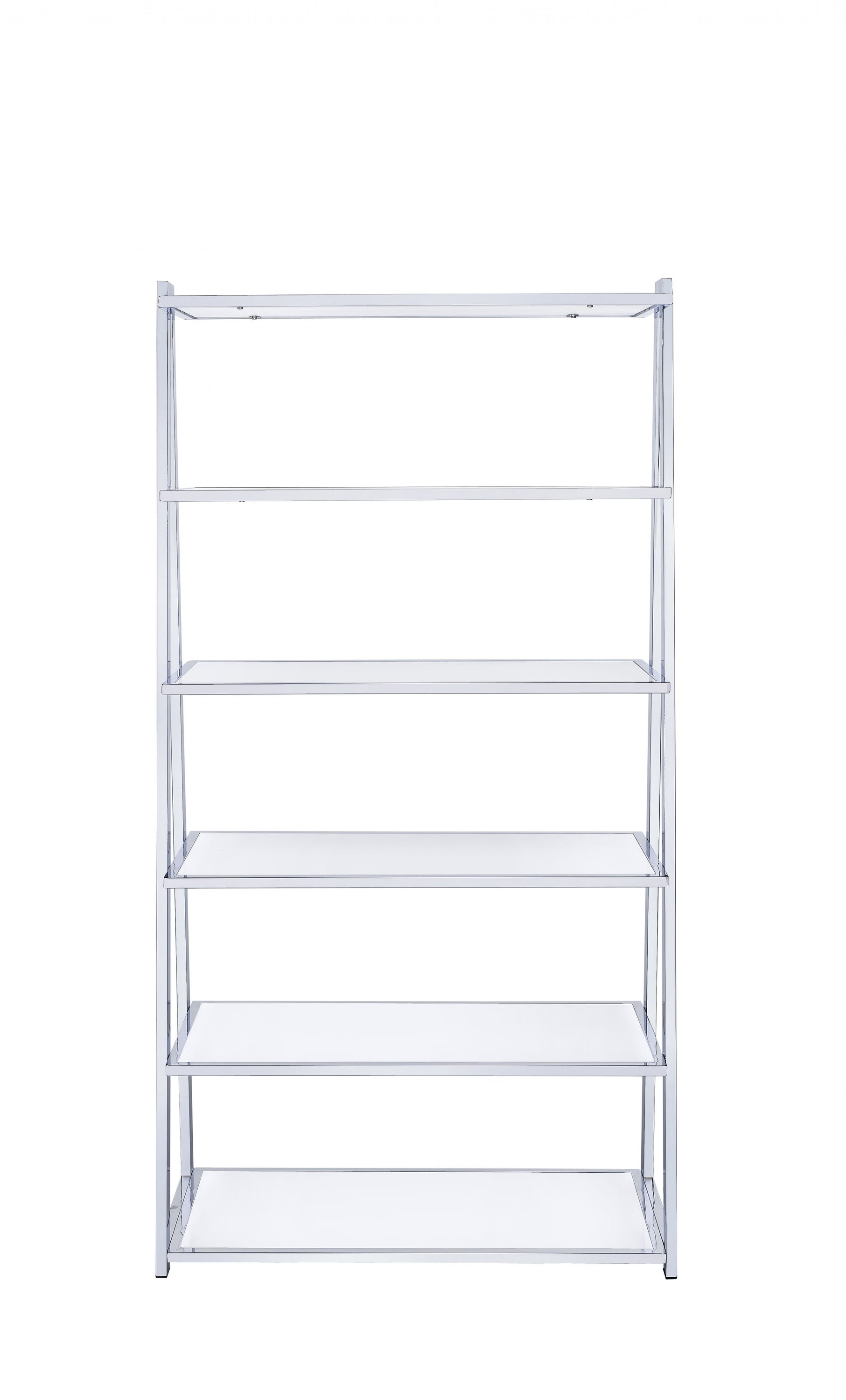 A modern white high gloss and chrome bookcase featuring six fixed wooden shelves, elegantly displayed in a living room setting.