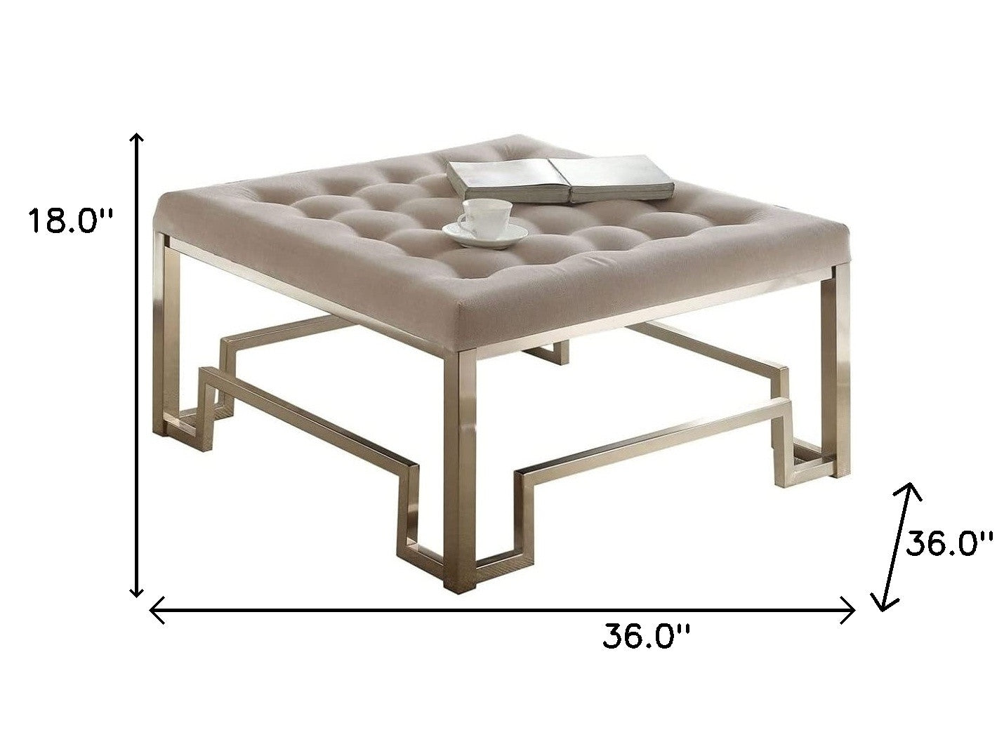 36x36x18 fabric champagne cocktail ottoman with button-tufted cushion and geometric metal base in champagne finish.
