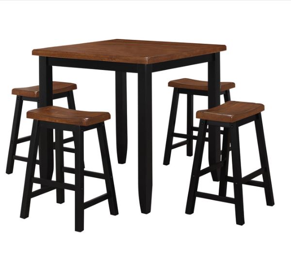 5-piece Oak Black Rubber Wood Counter set featuring a table and four backless stools, designed for space-saving and comfort.