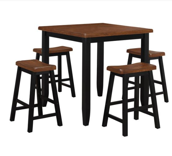 5-piece Oak Black Rubber Wood Counter set featuring a table and four backless stools, designed for space-saving and comfort.
