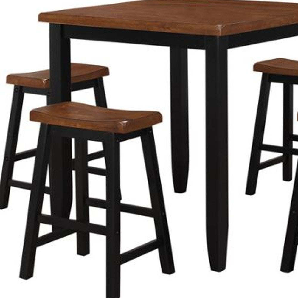 5-piece Oak Black Rubber Wood Counter set featuring a table and four backless stools, designed for space-saving and comfort.