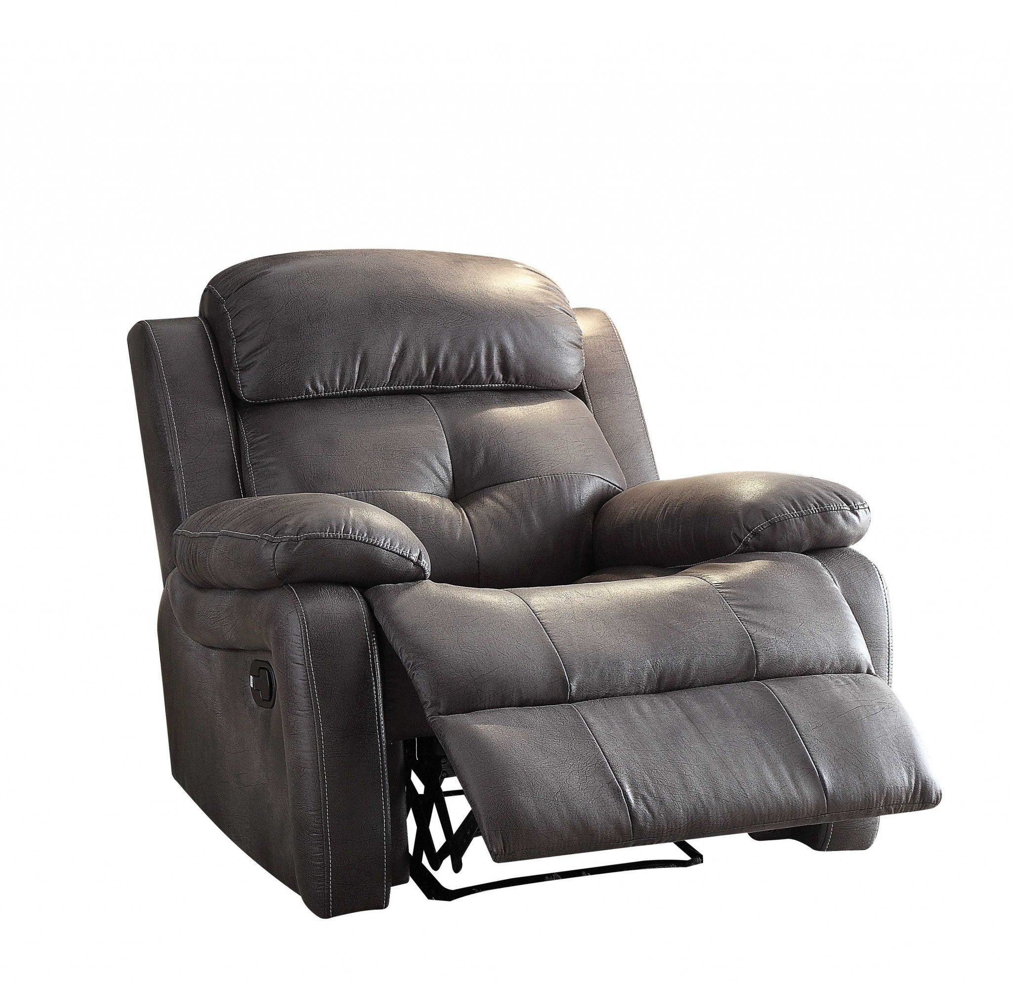 Chocolate microfiber recliner measuring 36x36x41 inches, featuring a back motion reclining mechanism and pillow top arms.