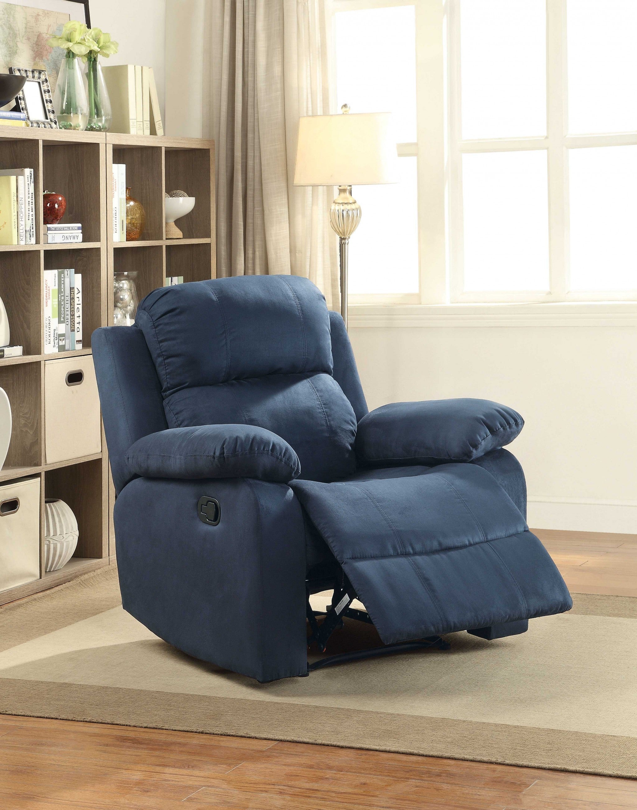 Chocolate microfiber recliner measuring 36x36x41 inches, featuring a back motion reclining mechanism and pillow top arms.
