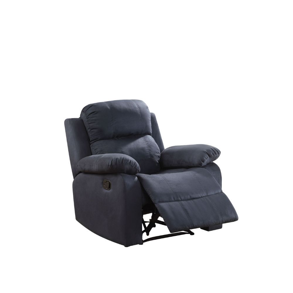 Chocolate microfiber recliner measuring 36x36x41 inches, featuring a back motion reclining mechanism and pillow top arms.