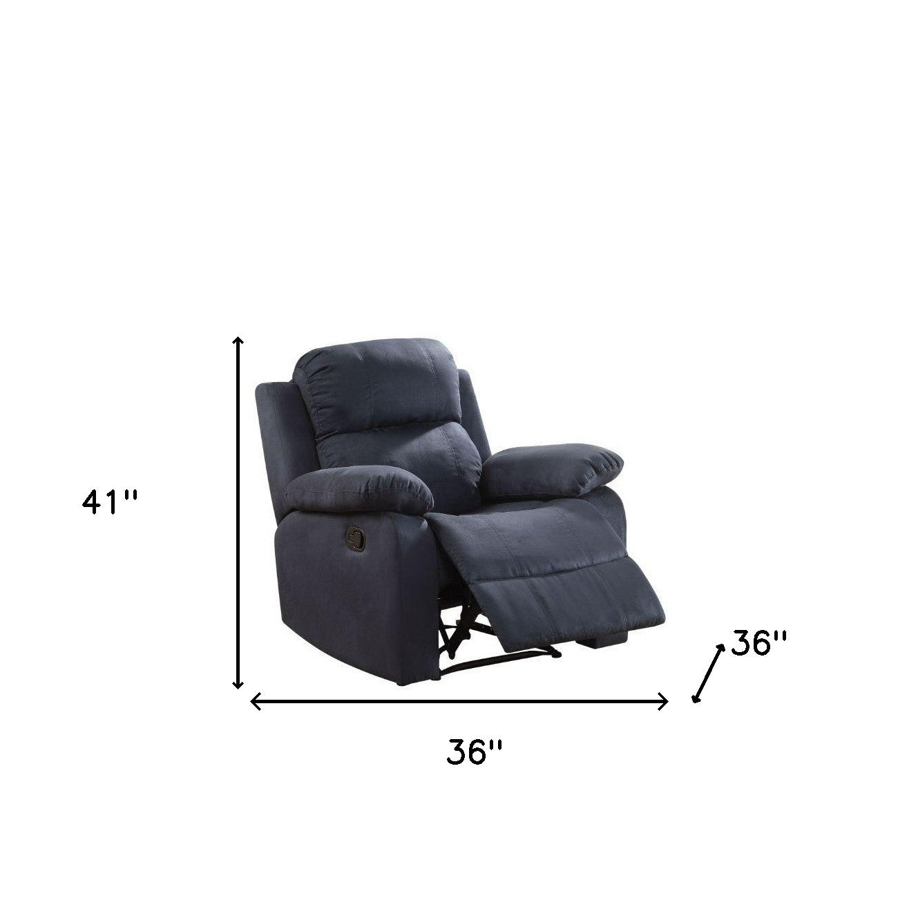 Chocolate microfiber recliner measuring 36x36x41 inches, featuring a back motion reclining mechanism and pillow top arms.