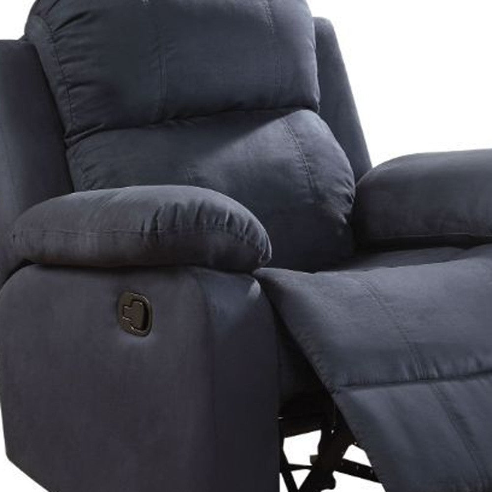 Chocolate microfiber recliner measuring 36x36x41 inches, featuring a back motion reclining mechanism and pillow top arms.